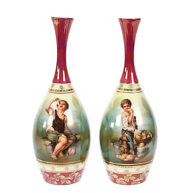 Pair Vases, Unmarked R.S. Suhl, Melon Eater Decor