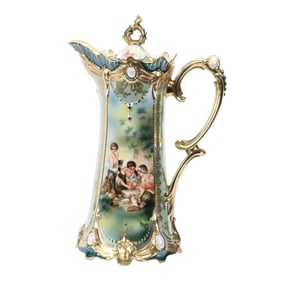 Chocolate Pot Marked R.S. Prussia, Dice Throwers