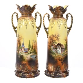Pair Vases Marked R.S. Prussia, Castle & Mill Scenes