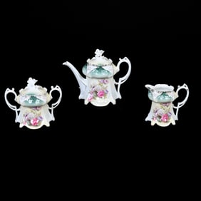 Tea Set Marked R.S. Prussia, Glass Bowl Floral Decor