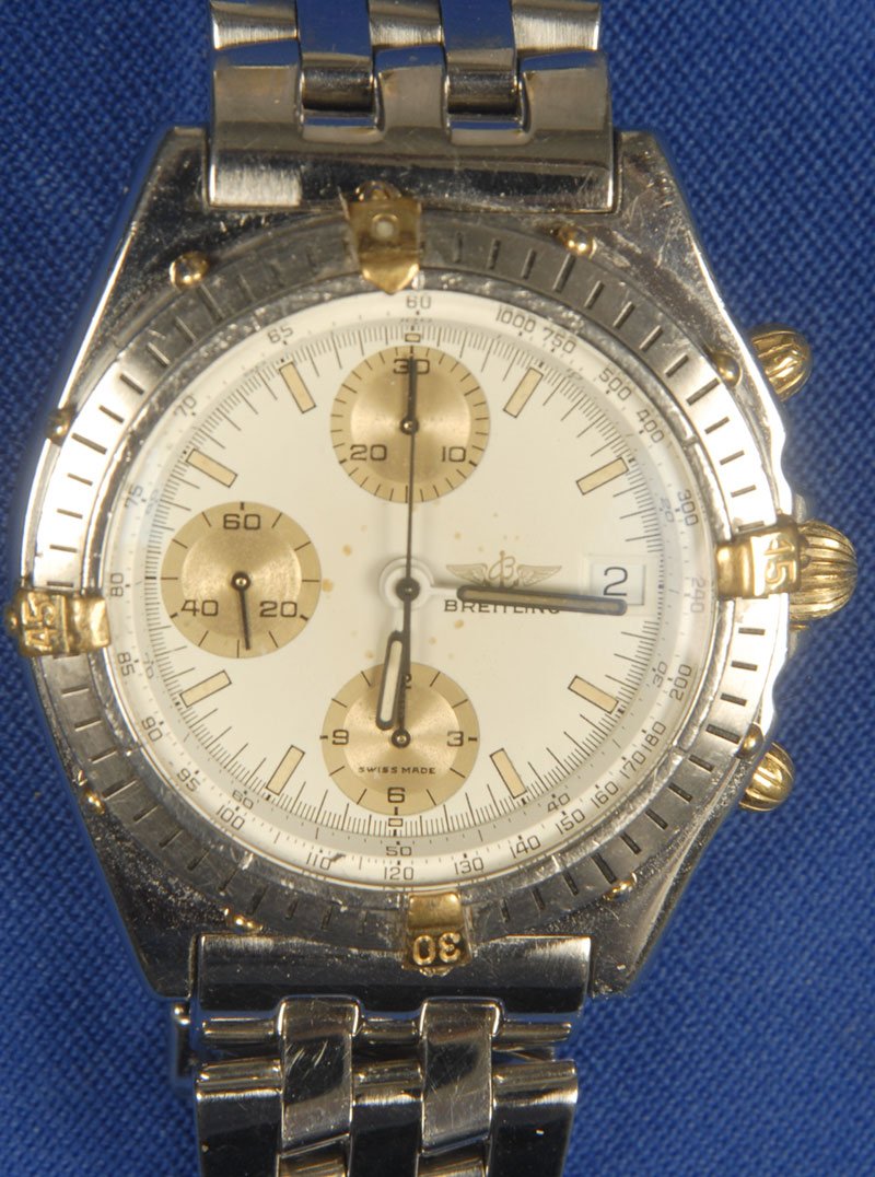 SWISS BREITLING CHRONOGRAPH AUTOMATIC MENS WRIST W: SWISS BREITLING CHRONOGRAPH AUTOMATIC MENS WRIST WATCH SILVER COLORED BAND - DATE - GOOD CONDITION
