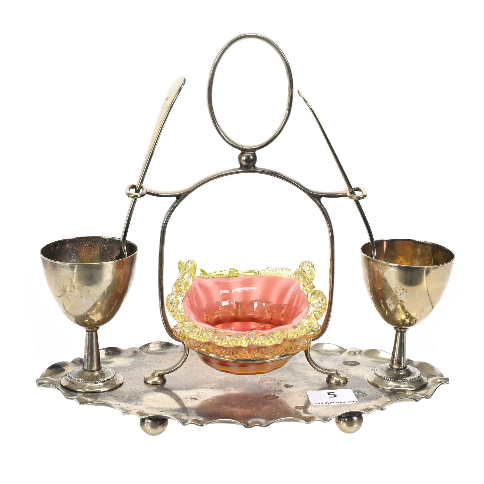Victorian Egg And Salt Server: Victorian Egg And Salt Server, 7" x 8" x 4.25", Cranberry Opalescent Stripe Art Glass Salt With Applied Vaseline Rigoree, Set On An English Silverplate Frame With Two Removable Egg Cups With Spoons, V