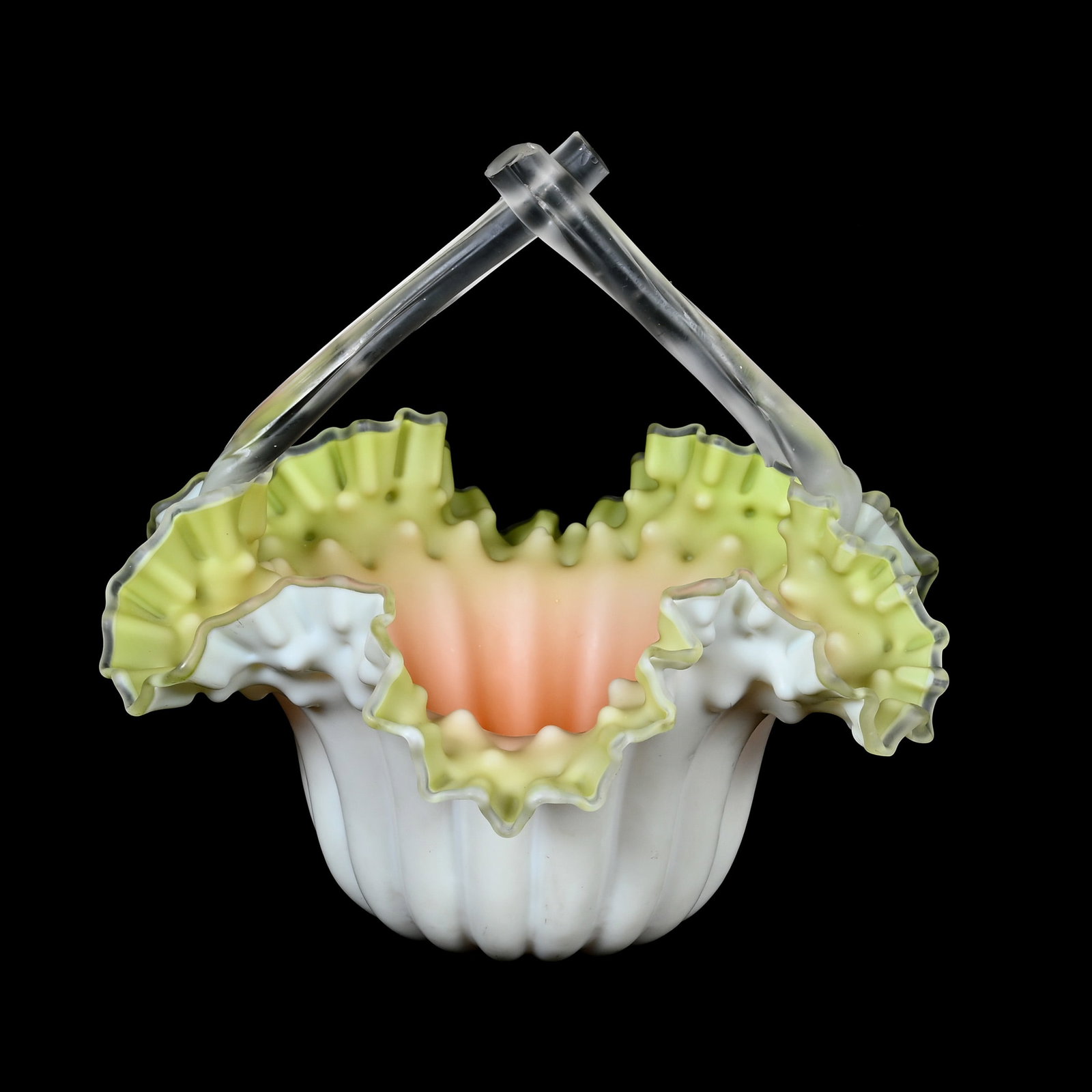 Basket, Cased Satin Art Glass: Basket, Cased Satin Art Glass, 9.5" x 8.5", White Exterior, Interior Is Green Shading To Orange, Frosted Thorn Handles, Collection Of Frank and Melissa Keathley, Top Shelf Antiques Of Texas, The Keath