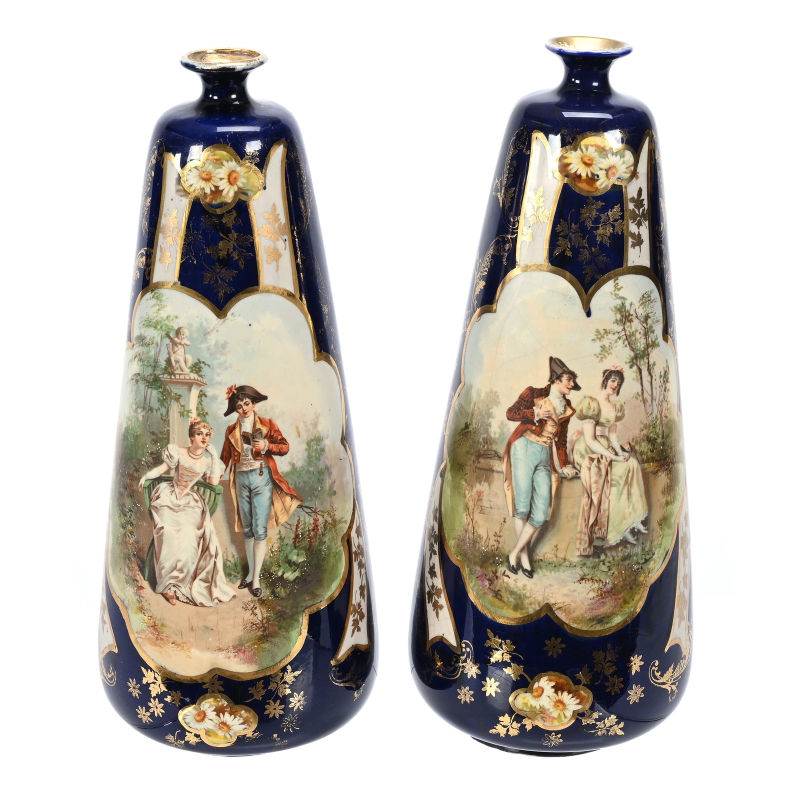 Pair Vases, Unmarked Royal Bonn Style: Pair Vases, Unmarked Royal Bonn Style, 13.75" x 5.25", Classic Courting Scenes, Cobalt Blue, Gold Stencil Highlights, Early Pair, Embossed Mark On Base "8A", Krick Collection, TN.