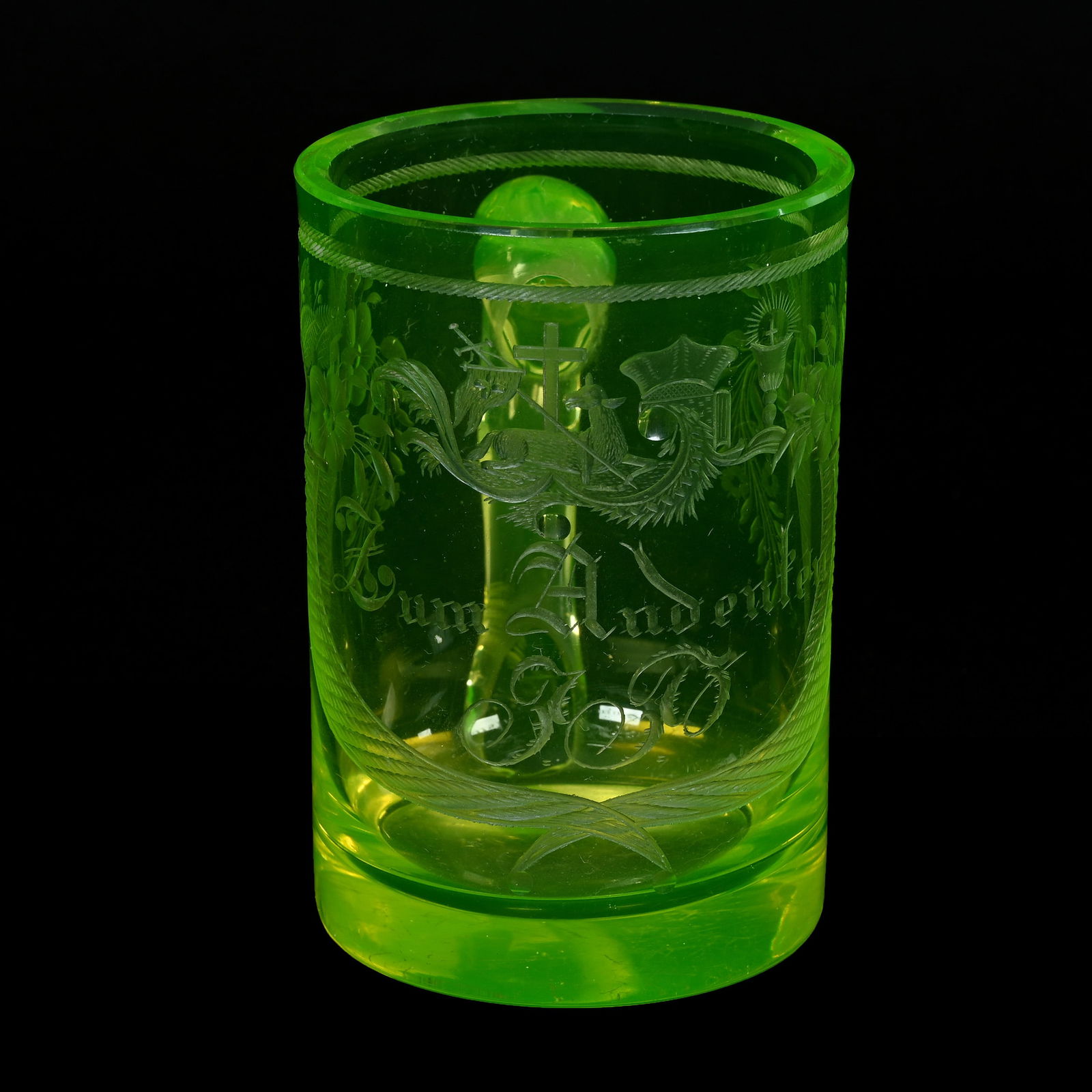 Mug, Solid Vaseline Glass, Finely Engraved (1 of 4)