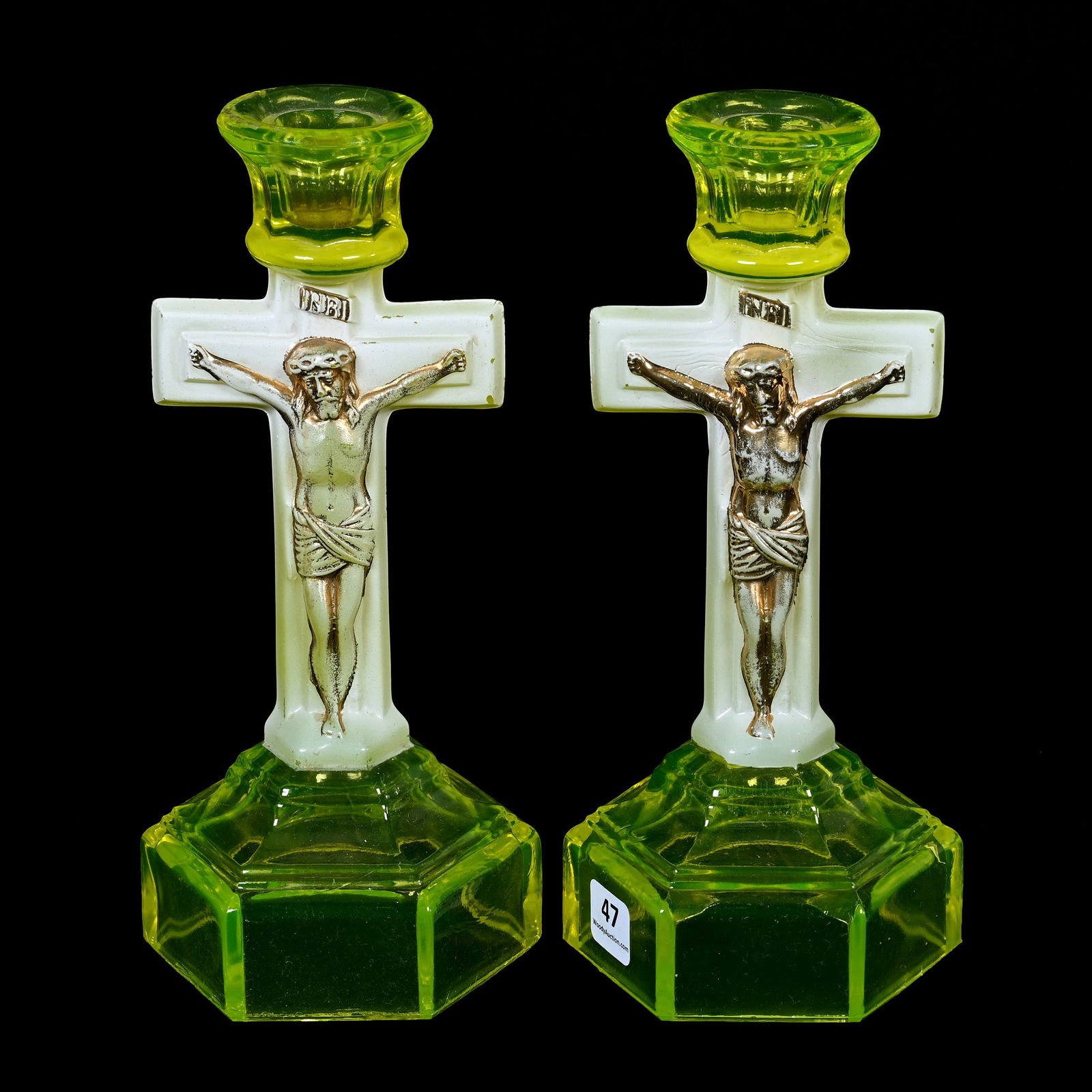 Pair Candlesticks, Solid Vaseline Glass Cruciform (1 of 4)