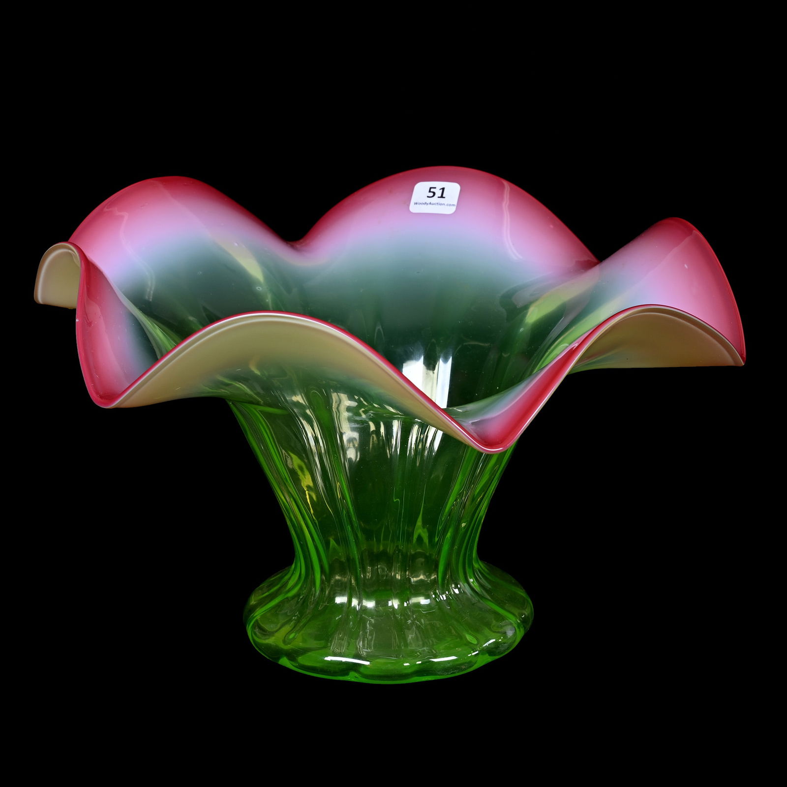 Vase, Uranium Green, Cranberry Opal Ruffled Rim (1 of 4)