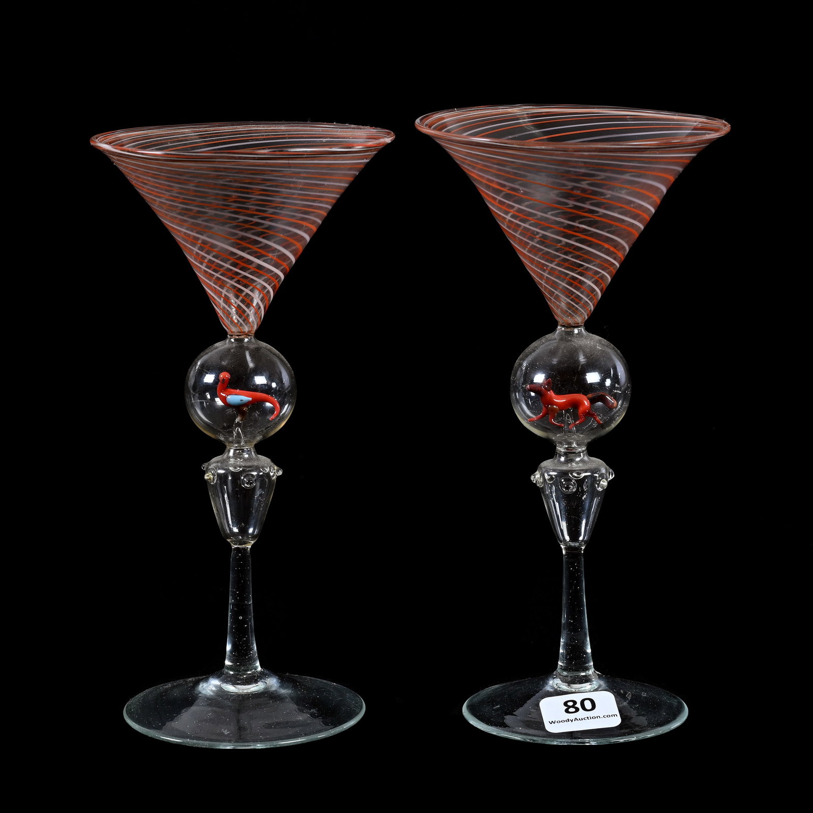 Pair Martini Stems, Venetian Art Glass By Bimini: Pair Martini Stems, Venetian Art Glass By Bimini, 6.75" x 3.5", Circa 1930's, Clear With Orange And White Swirl Bowl, Ball Shaped Stem With Enclosed Figure Featuring Fox And Pheasant, Estate Of Ray Ca