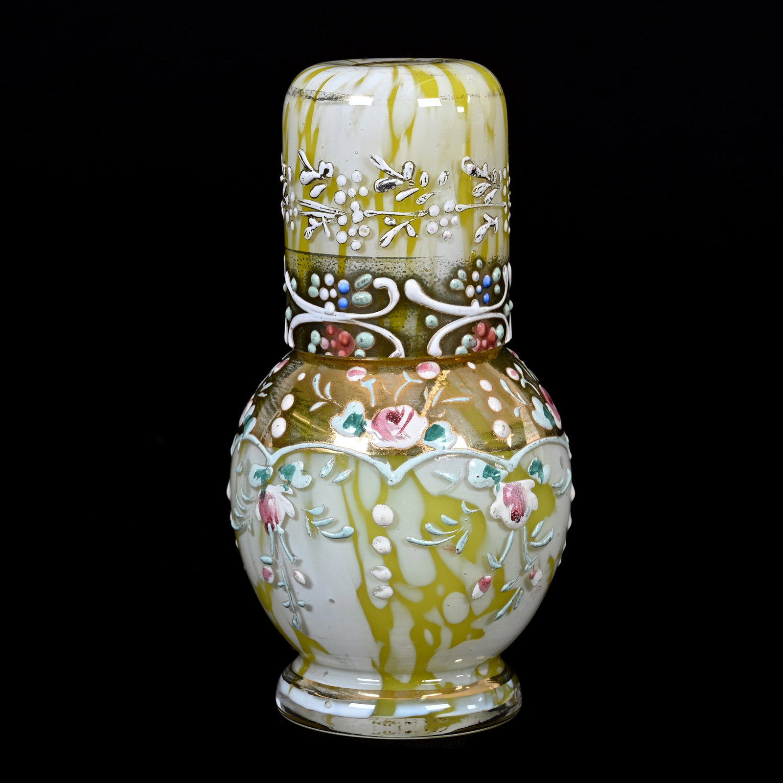 Miniature Tumble-Up, Cased Art Glass: Miniature Tumble-Up, Cased Art Glass, 4" x 2", Yellow With Mottled White Design, Enamel Floral And Scroll Decor, Collection Of Frank and Melissa Keathley, Top Shelf Antiques Of Texas, The Keathley's K
