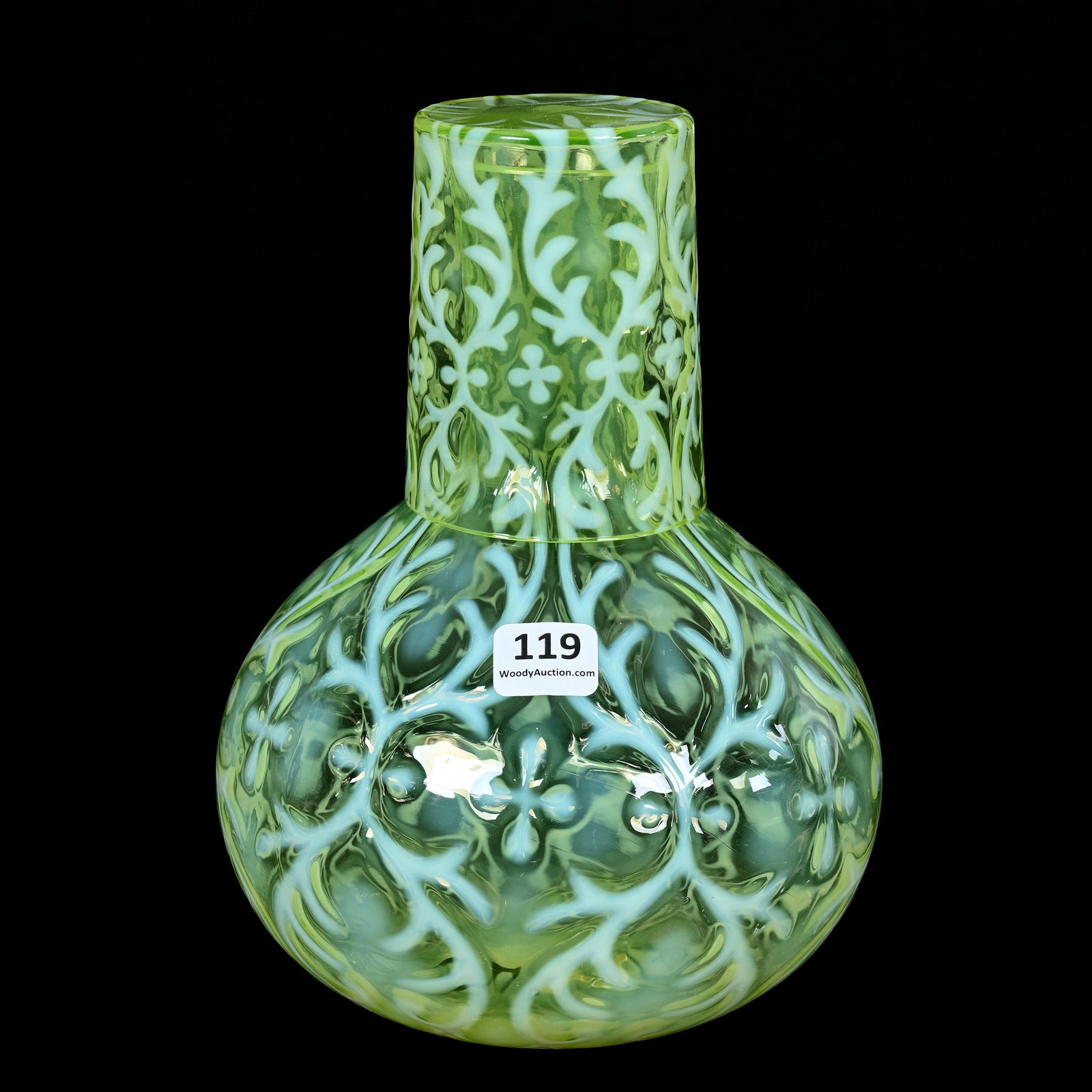 Tumble-Up, Vaseline Opalescent Spanish Lace Design: Tumble-Up, Vaseline Opalescent Spanish Lace Design, 8.25" x 5.75", Highly Reactive Under Black Light, Collection Of Frank and Melissa Keathley, Top Shelf Antiques Of Texas, The Keathley's Kept The Bes