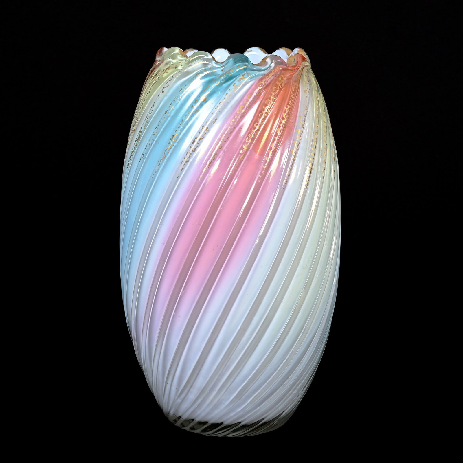 Vase, Cased Rainbow Art Glass Swirl: Vase, Cased Rainbow Art Glass Swirl, 9.25" x 5.25", Attributed To Harrach, Gold Stencil Highlights, Polished Pontil Base, Collection Of Frank and Melissa Keathley, Top Shelf Antiques Of Texas, The Kea