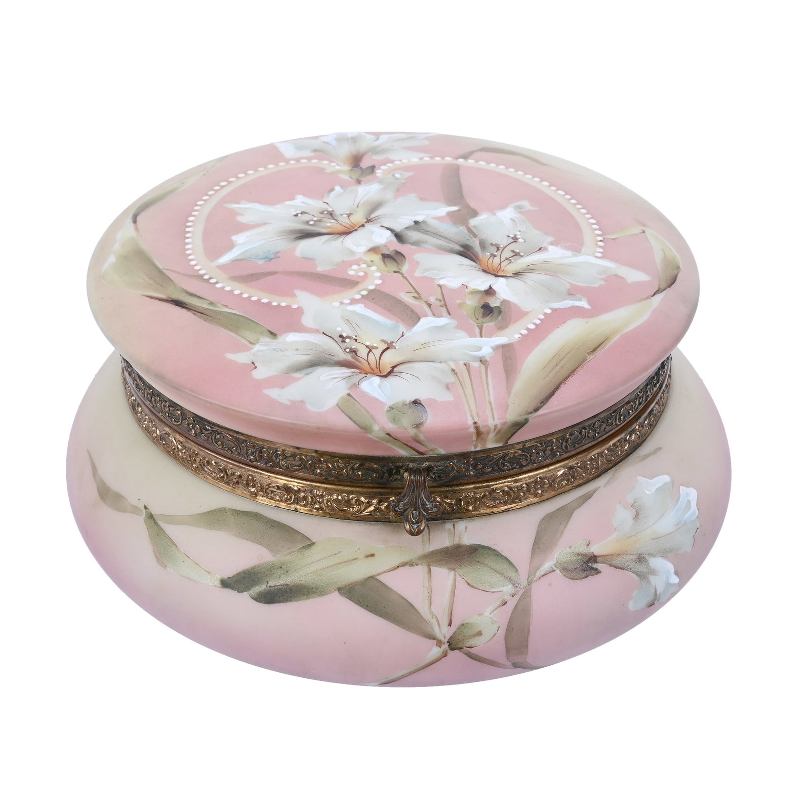 Dresser Box Marked Nakara Art Glass: Dresser Box Marked Nakara Art Glass, 3.5" x 7.75", Pink And Yellow Tones, Blue Floral Decor, Original Lining Is Worn, Estate Of Ray Callander.