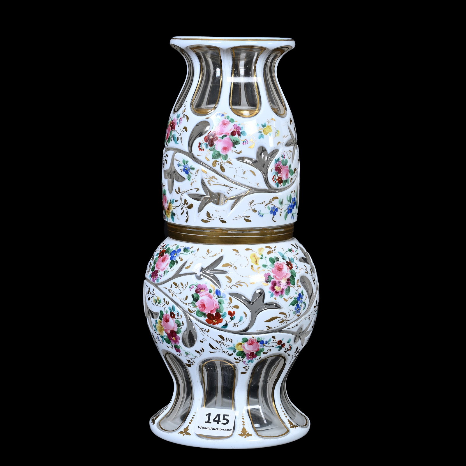 Tumble-Up, Clear With White Cutback Overlay Art Glass: Tumble-Up, Clear With White Cutback Overlay Art Glass, 9.25" x 4", Floral And Panel Design, Colorful Floral Decor With Gold Trim Highlights, Collection Of Frank and Melissa Keathley, Top Shelf Antique