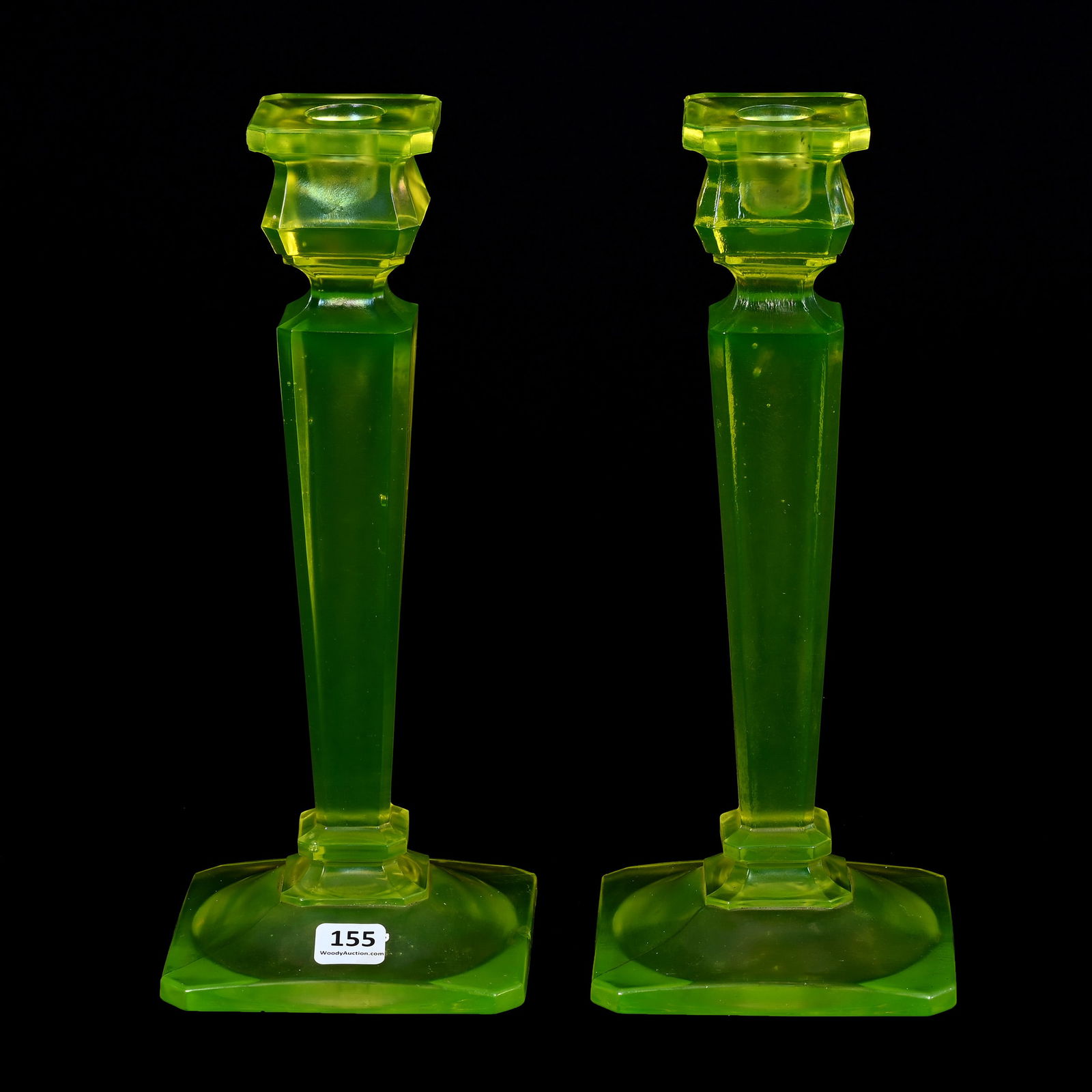 Pair Candlesticks, Solid Vaseline Glass (1 of 4)