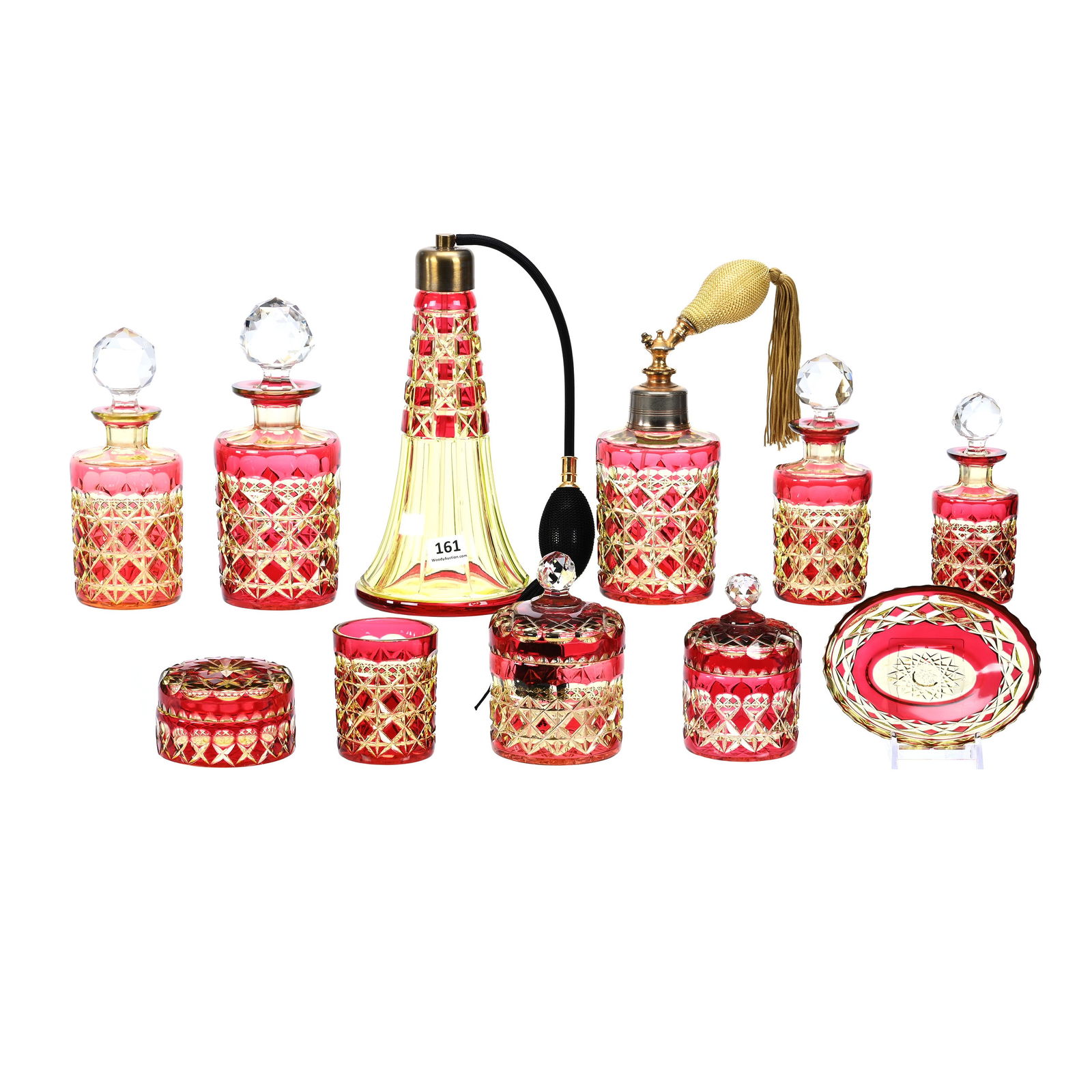 Vanity Set, Eleven Piece, Cranberry Cut To Vaseline (1 of 4)