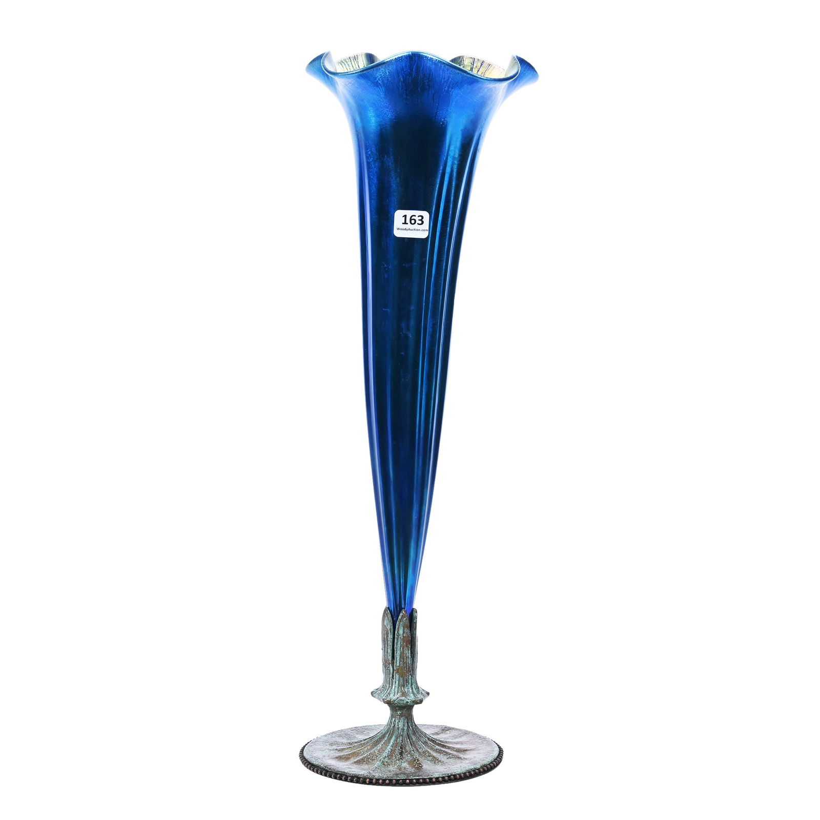 Trumpet Vase, Blue Iridescent Art Glass: Trumpet Vase, Blue Iridescent Art Glass, 18.5" x 5.25", Attributed To Tiffany, "LCT" Mark, Set On Bronze Foot Marked "Tiffany Studios 158", Collection Of Frank and Melissa Keathley, Top Shelf Antiques
