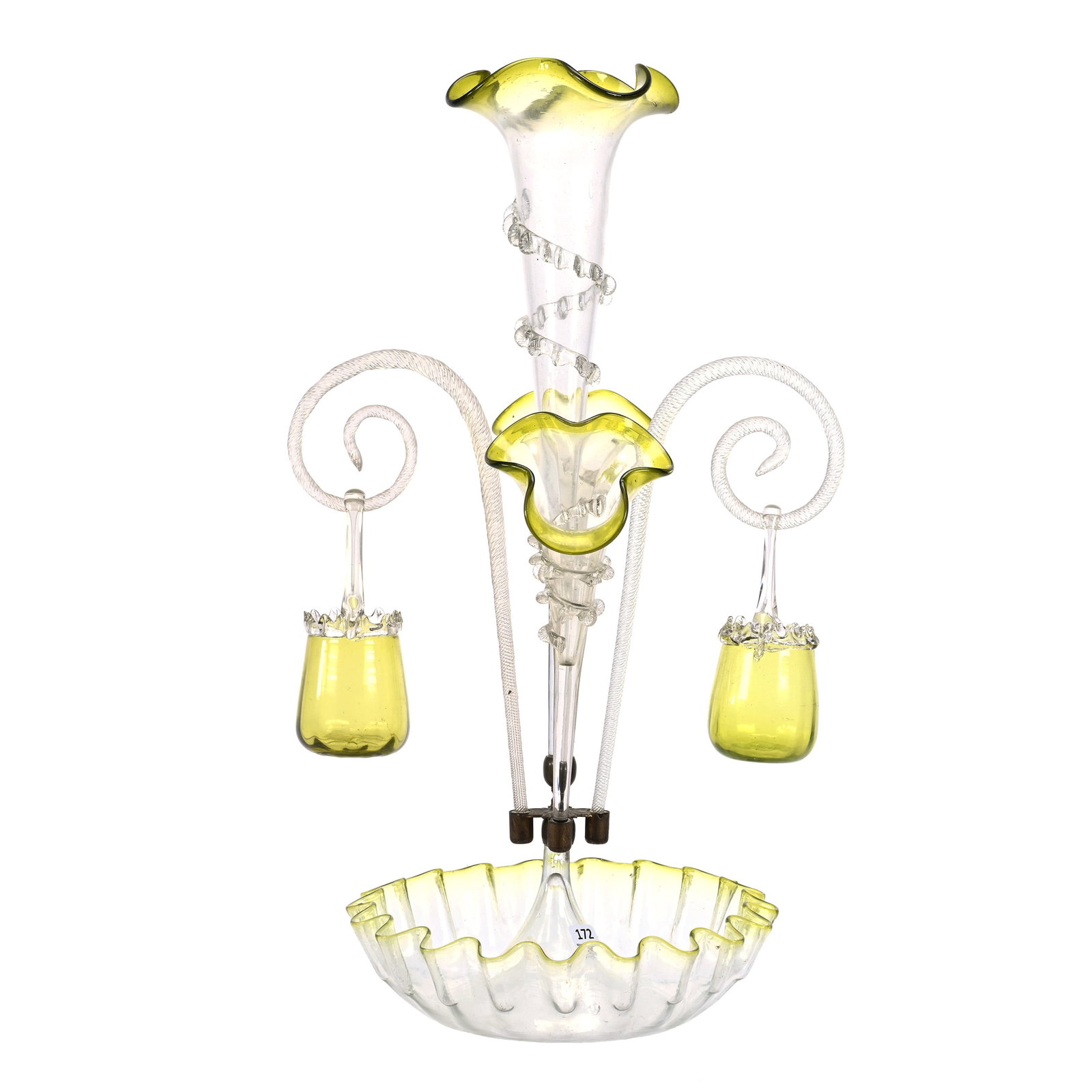 Epergne, Green Shading To Clear Art Glass: Epergne, Green Shading To Clear Art Glass, 21" x 13.5", Three Lilies, Two Canes Holding Baskets, Clear Applied Rigoree Highlights, One Small Lily Has Two Rigoree Petals With Chip, The Late Bunny Koppe