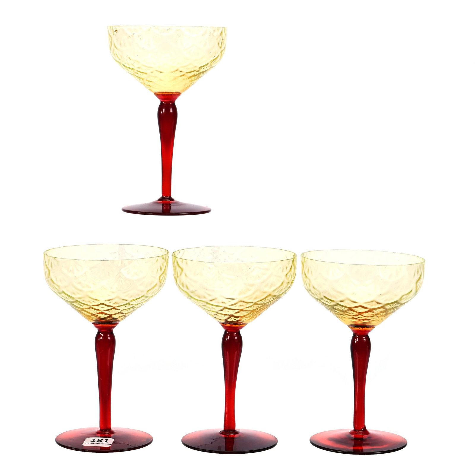 (4) Champagne Stems By Pukeburg Company: (4) Champagne Stems By Pukeburg Company, 6" x 3.75", Amber Bowl With Red Stem And Foot, Turkey Track Optic Pattern, Amber Bowls Are Highly Reactive Under Black Light, Collection Of Frank and Melissa K