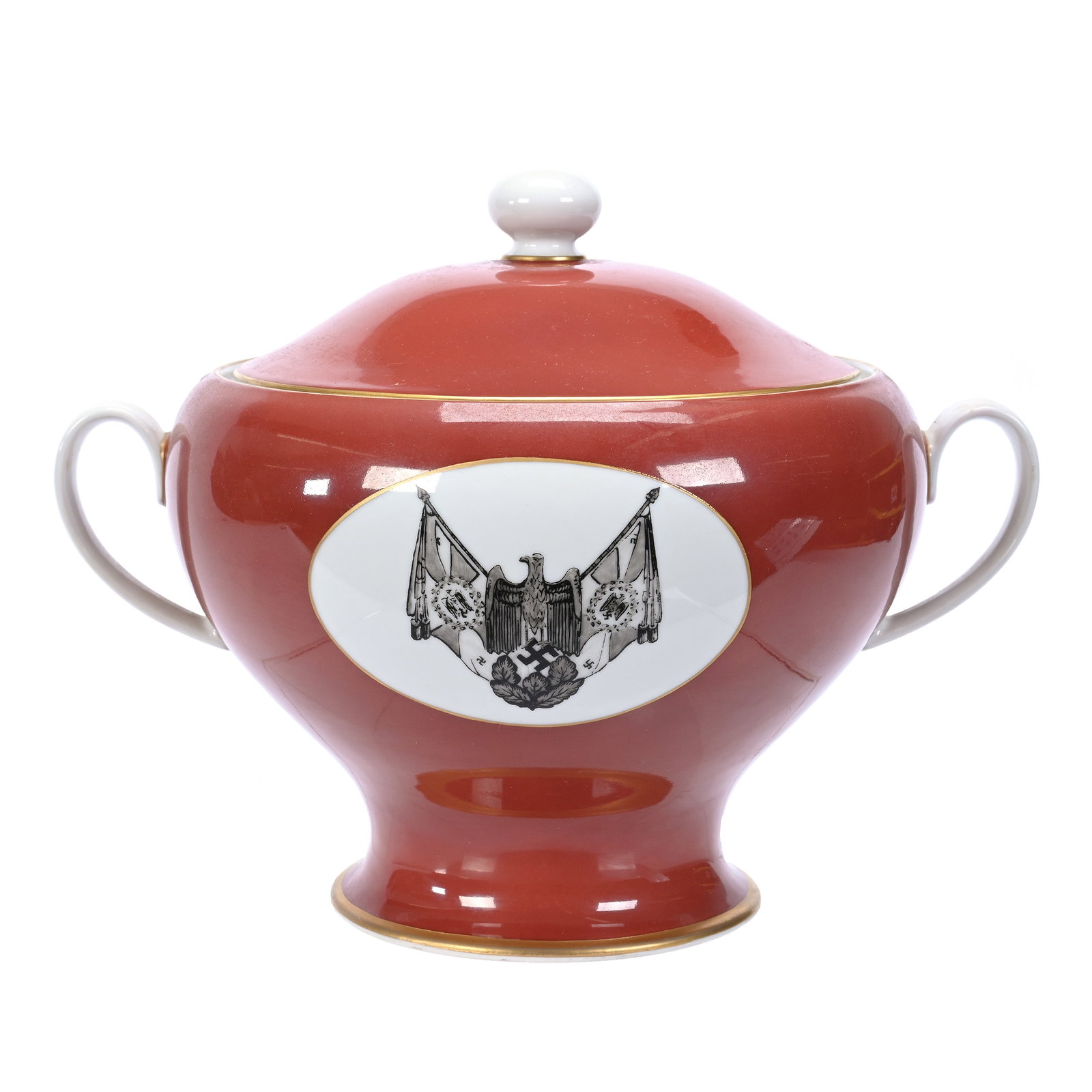 Nazi Official's Covered Tureen With Swastika: Nazi Official's Covered Tureen With Swastika, 8.5" x 11.5" x 8.5", Red Body With Medallion Featuring Eagle, Swastika And Flag, Official Dinner Porcelain Made For Nazi Officers And Other Officials, Cir
