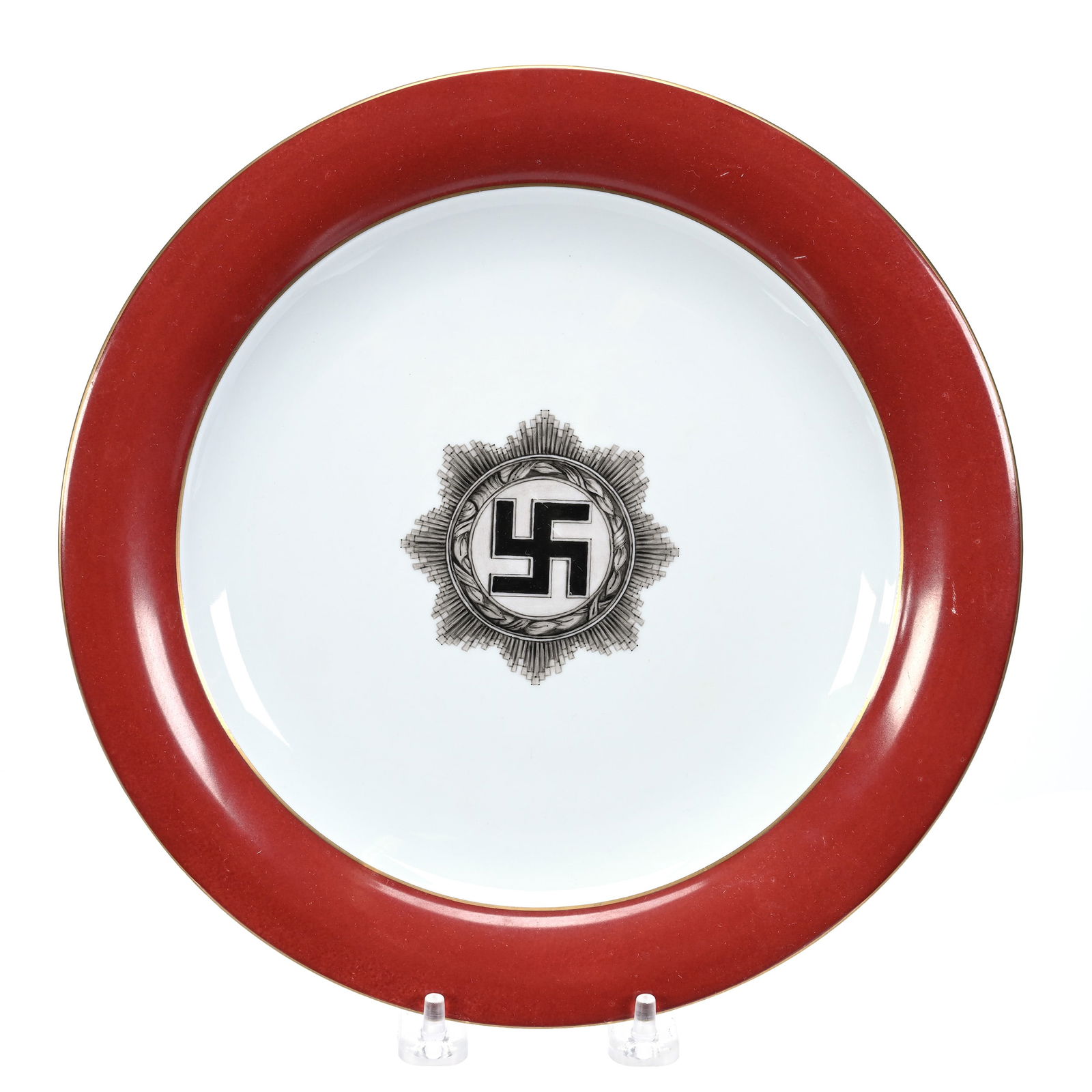 Nazi Official's Dinner Plate With Swastika: Nazi Official's Dinner Plate With Swastika, 10", Marked Bavaria, Swastika Medallion Center With Red Border, Circa 1930's, Collection Of Frank and Melissa Keathley, Top Shelf Antiques Of Texas, The Kea
