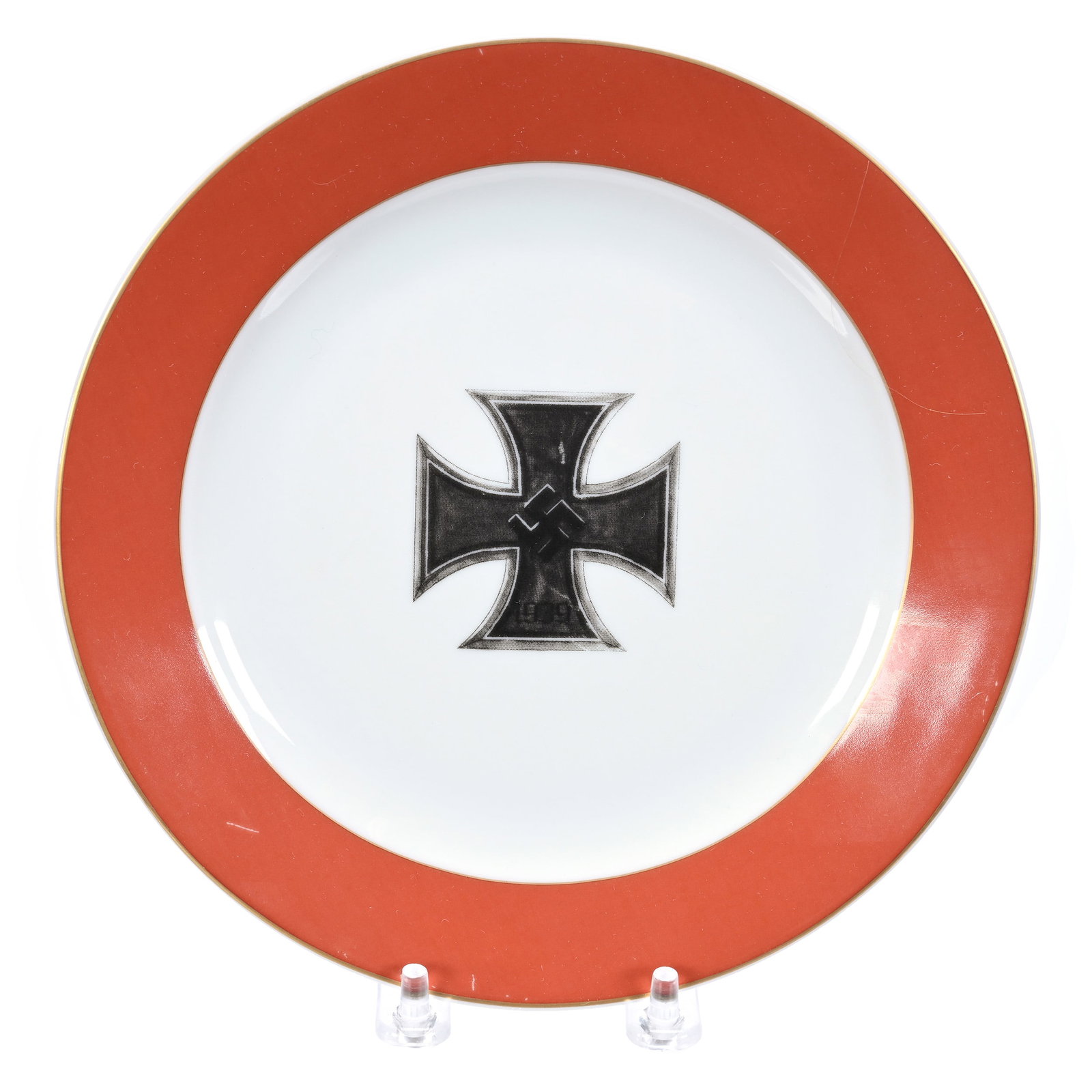 Nazi Official's Plate With Swastika: Nazi Official's Plate With Swastika, 7.75", Red Border, Swastika And Iron Cross Center, Dated 1939, Also Has Swastika "Su Dg Au" Mark On Base, Collection Of Frank and Melissa Keathley, Top Shelf Antiq