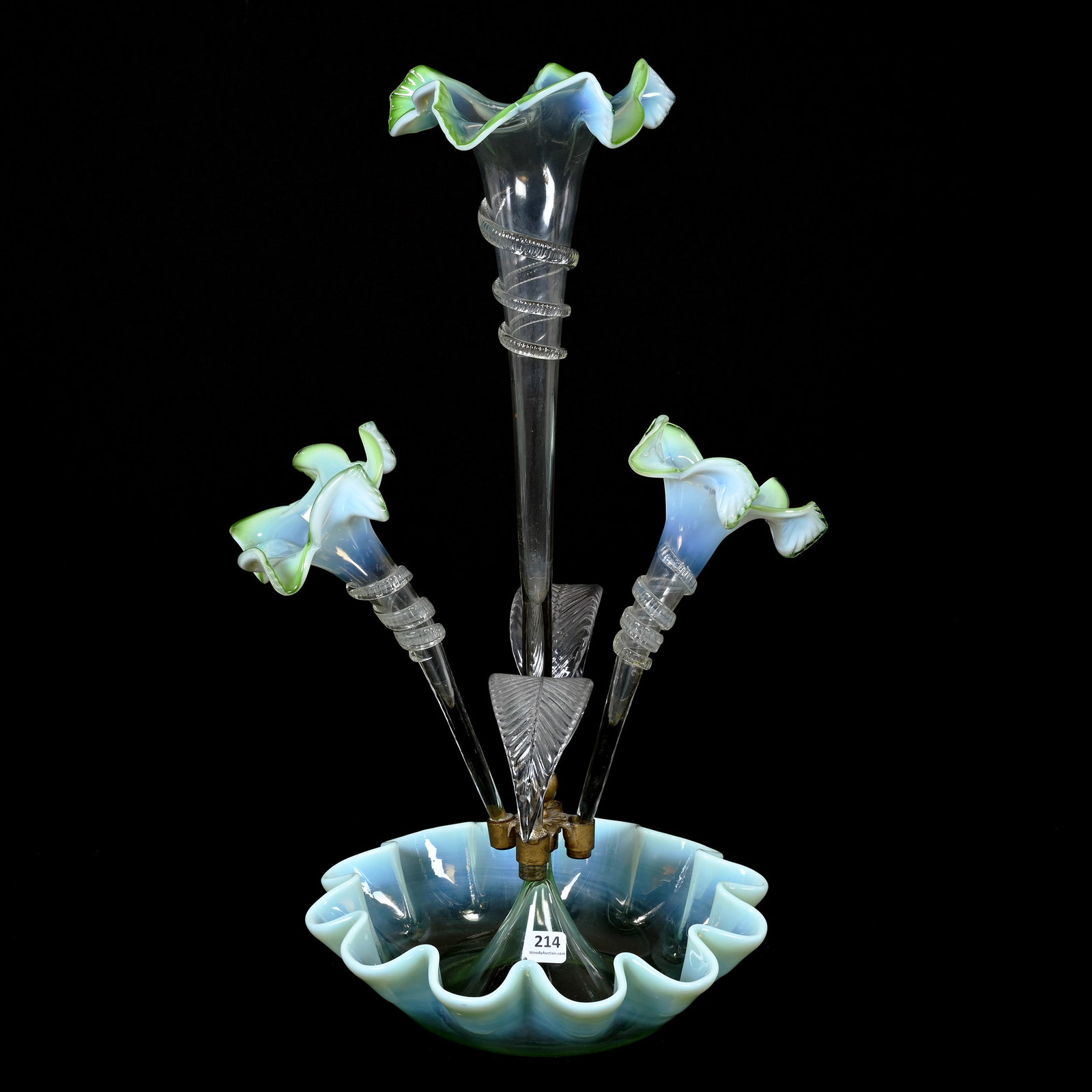 Epergne, Green Opalescent Art Glass: Epergne, Green Opalescent Art Glass, 20.5" x 12.5", Three Ruffled Flower Form Lilies, Two Removable Drooping Leaves, The Late Bunny Koppelman Whose Epergne Collection Was Featured In The Elegant Eperg