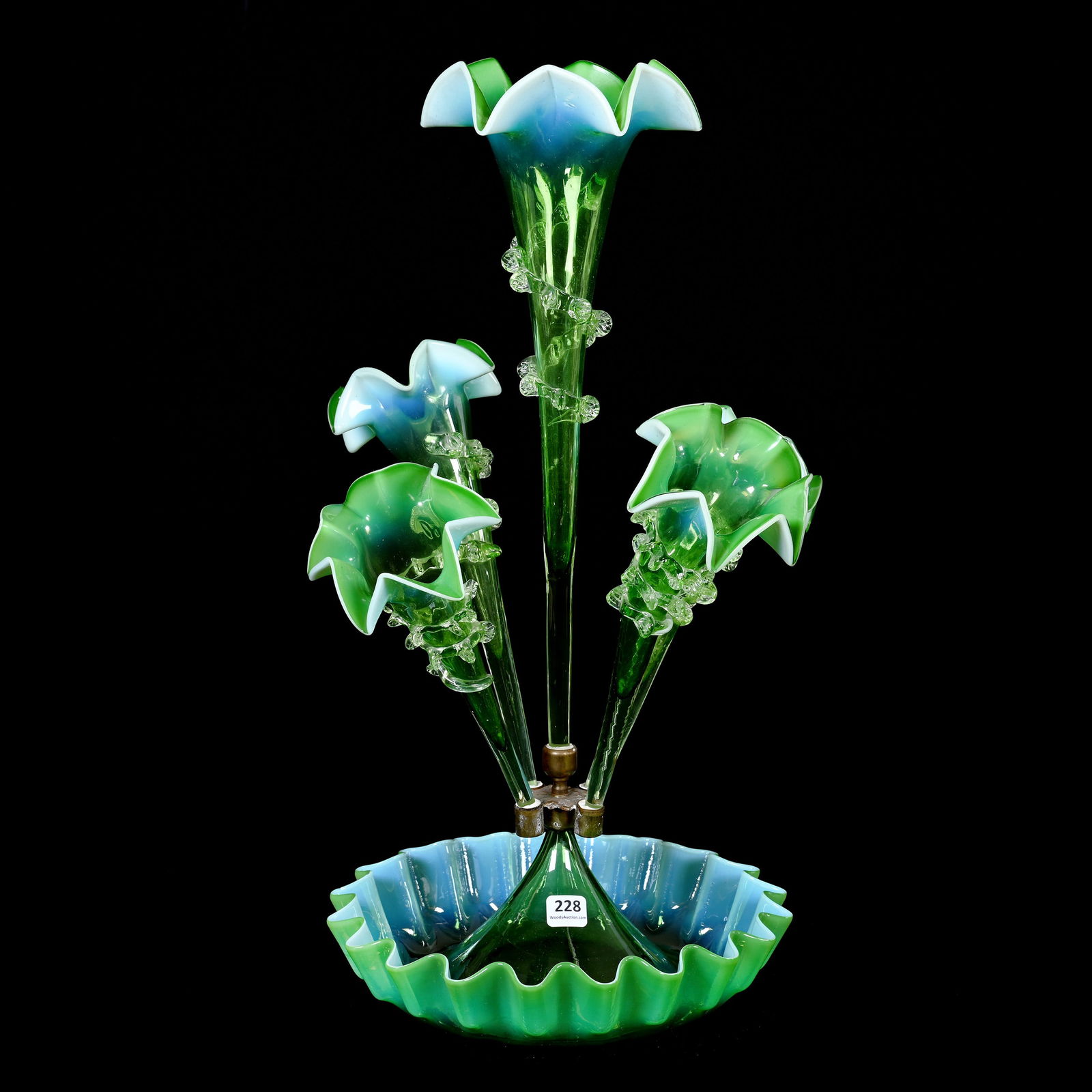 Epergne, Green Opalescent Art Glass, Five Lily (1 of 5)