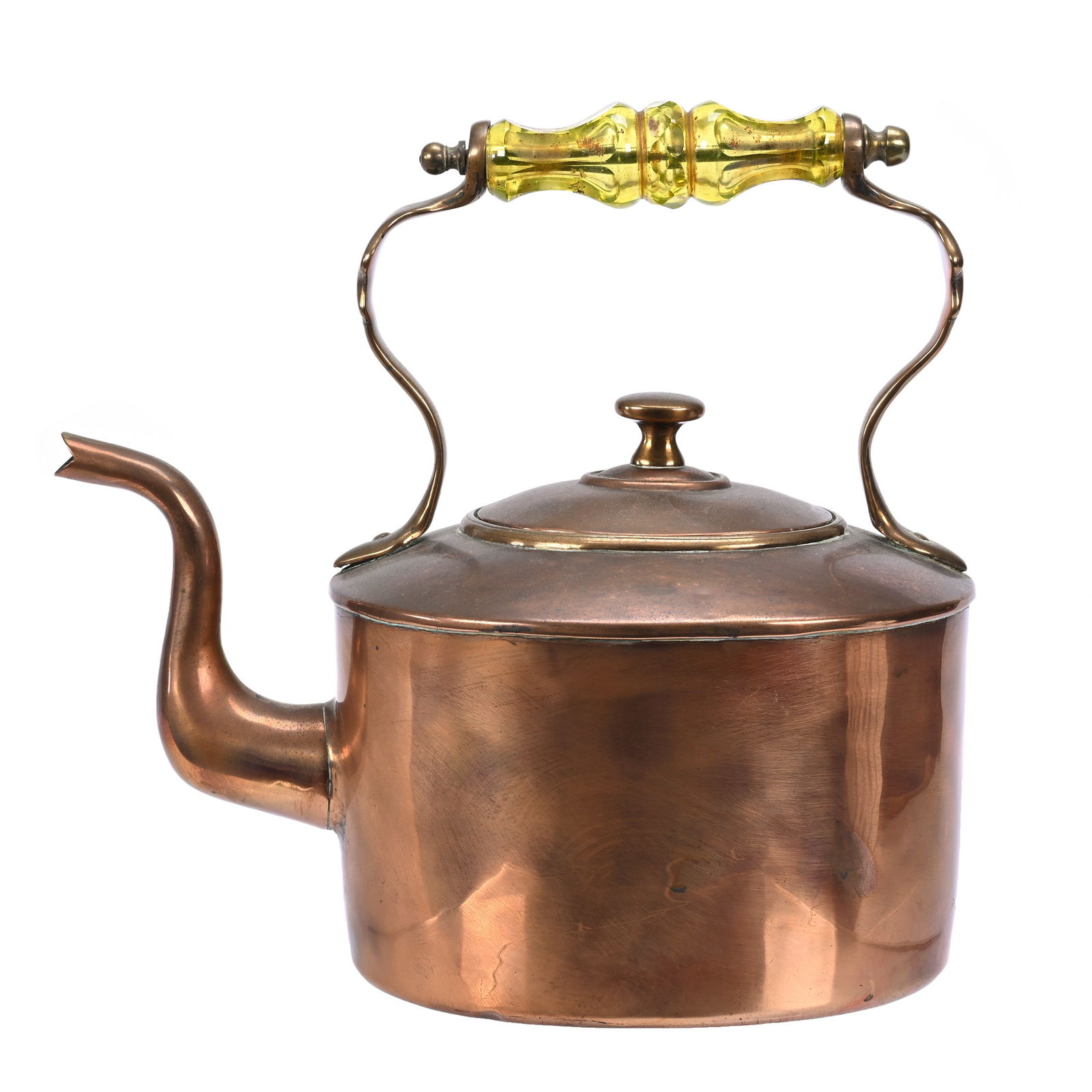 Copper Tea Kettle, Rare Vaseline Cut Glass Handle (1 of 3)