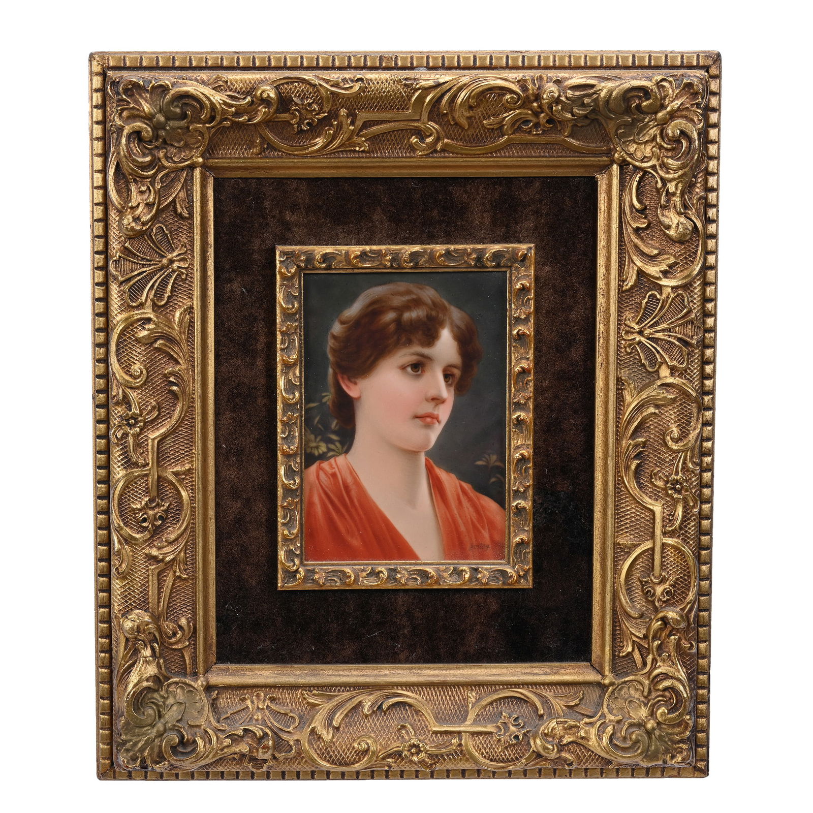 Porcelain Plaque, German: Porcelain Plaque, German, 5.75" x 4", Portrait Of Young Woman, Artist Signed, Mounted In 14" x 12" Gilt Wooden Frame, Estate Of Ray Callander.