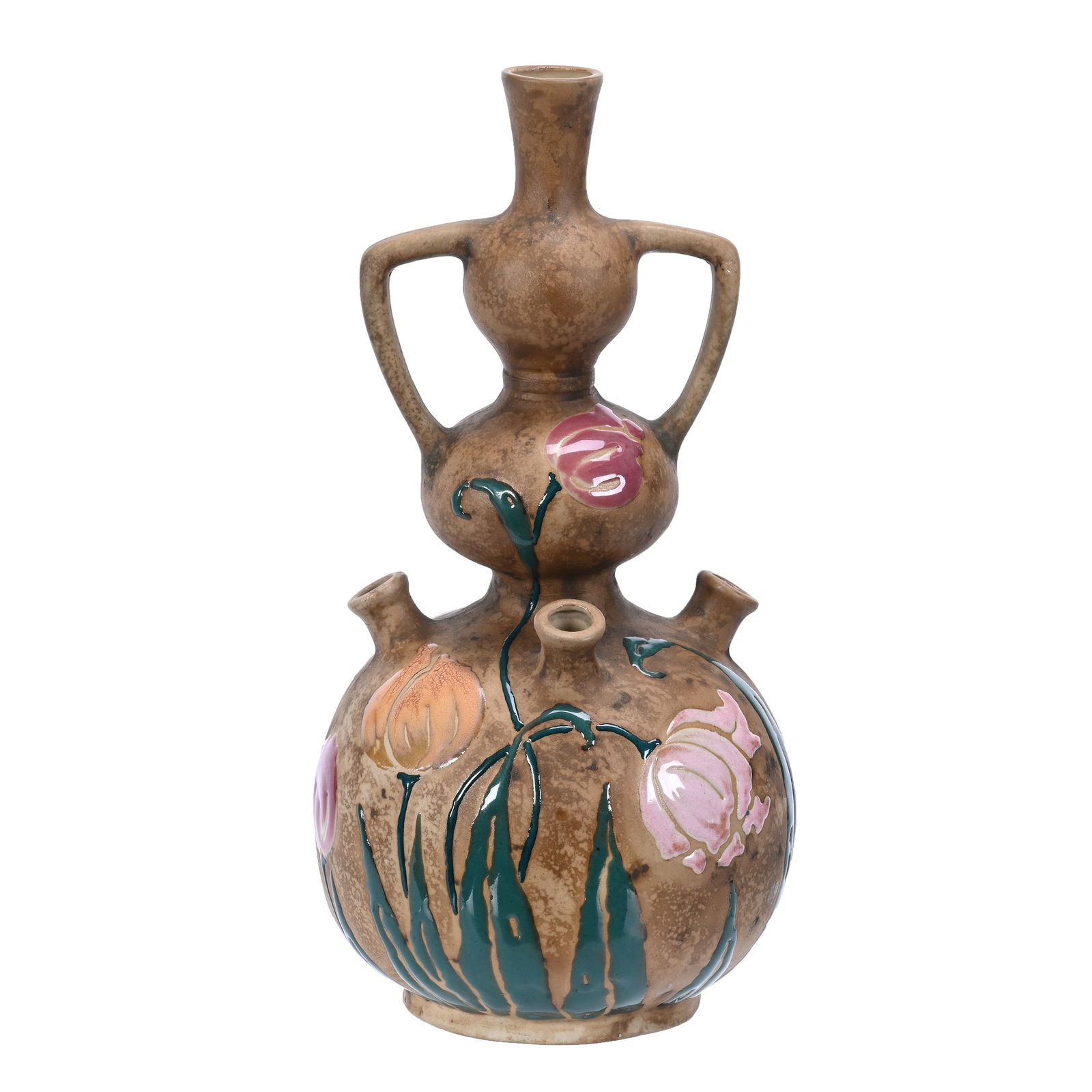 Jug, Gourd Shape, Marked Amphora Teplitz "Florina": Jug, Gourd Shape, Marked Amphora Teplitz "Florina", 13.25" x 6.75", Brown Tones, Heavy Enamel Tulip Decor, Texas Private Collection.