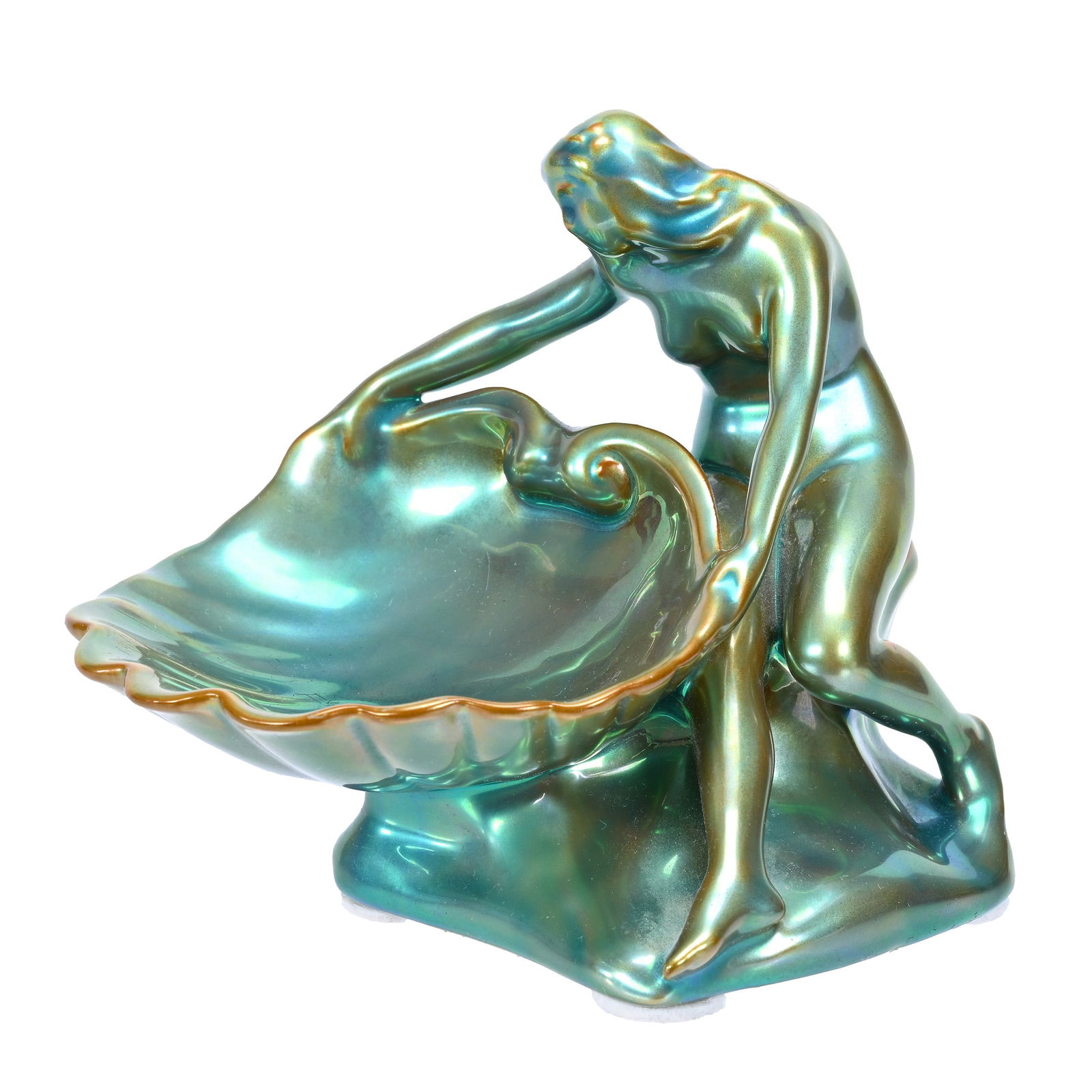 Figural Dish Marked Zsolnay Art Pottery: Figural Dish Marked Zsolnay Art Pottery, 5" x 4.5", Nude Holding Shell, Nice Green Iridescence, Texas Private Collection.
