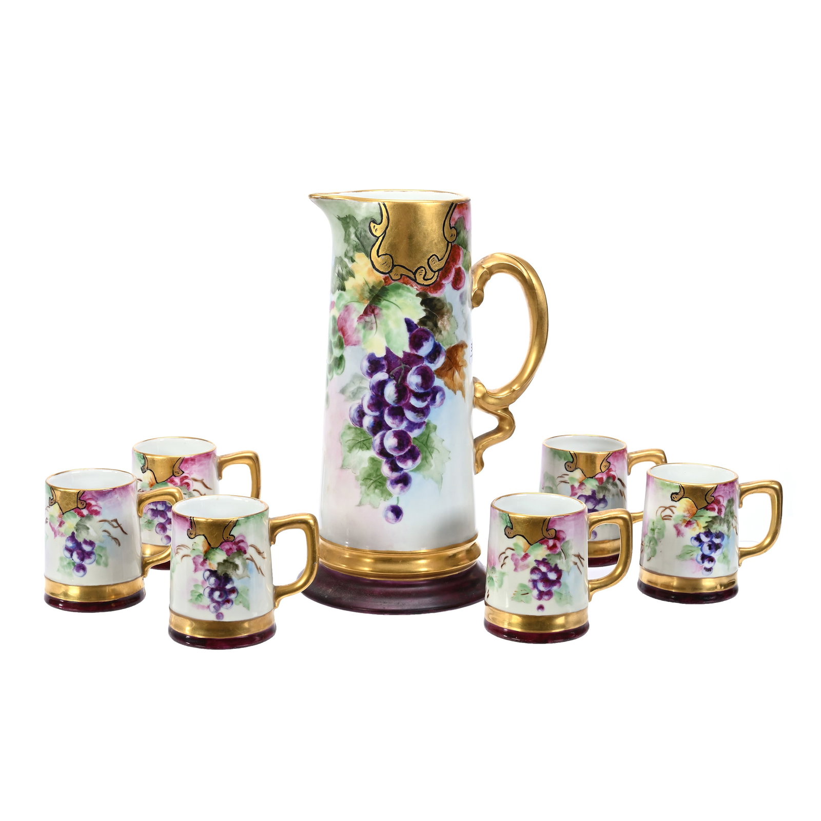 Tankard Set Marked Rosenthal: Tankard Set Marked Rosenthal, Hand Painted Vintage Decor, Burgandy And Gold Highlights, Artist Signed Epps, Marked On Base "Burmeister 1915", (1) 12.5" x 7.5" Tankard, (6) Matching 4" Mugs, Estate Of 