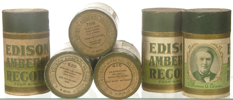 (6) ORIGINAL EDISON AMBEROL CYLINDER RECORDS IN GREE: (6) ORIGINAL EDISON AMBEROL CYLINDER RECORDS IN GREEN CASES W/ LABELS INCLUDES: UNDER THE YUM-YUM TREE; SOMEBODY ELSE; HAS ANYBODY HERE SEEN KELLY; INITIATION AND INSTALLATION ODES; TIS BUT A LITTLE F