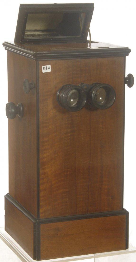 ORIGINAL 20" X 10" WALNUT & EBONY COUNTER TOP VICTO: ORIGINAL 20" X 10" WALNUT & EBONY COUNTER TOP VICTORIAN STEREO CARD VIEWER INCLUDES (50) NUMERICAL "SEARS, ROEBUCK & CO." VIEW CARDS IN SEQUENTIAL ORDER - KNOB TURNS EYE PIECE DISTANCE - TWO SIDE KNOB