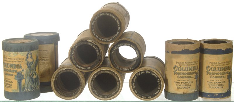 (10) ORIGINAL COLUMBIA GRAPHOPHONE CYLINDER RECORDS: (10) ORIGINAL COLUMBIA GRAPHOPHONE CYLINDER RECORDS IN CASES, TWO LIDS INCLUDES: PRESIDENT MCKINLEY ADDRESS; I'M ON THE WATER WAGON NOW; HELLO CENTRAL GIVE ME HEAVEN; IT'S THE PRETTY THINGS YOU SAY; D