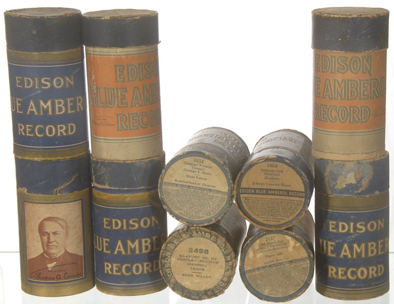 (10) ORIGINAL EDISON AMBEROL CYLINDER RECORDS IN CA: (10) ORIGINAL EDISON AMBEROL CYLINDER RECORDS IN CASES W/ LABELING INCLUDES: UNCLE JOSH IN A BARBER SHOP; DIXIE MEDLEY; A SA RULLA VI PA KUTTINGEN; OLD BLACK JOE; COMFORT YE MY PEOPLE; 1948 BEAR'S OIL