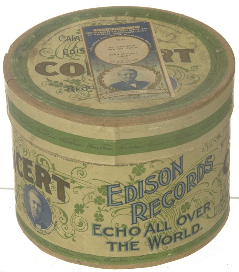 ORIGINAL EDISON "CONCERT" SIZE PHONOGRAPH CYLINDER: ORIGINAL EDISON "CONCERT" SIZE PHONOGRAPH CYLINDER RECORD RECORD SLIP INDICATES: GO 'WAY BACK AND SIT DOWN" BY WILL DENNY - BOX IN GREAT CONDITION