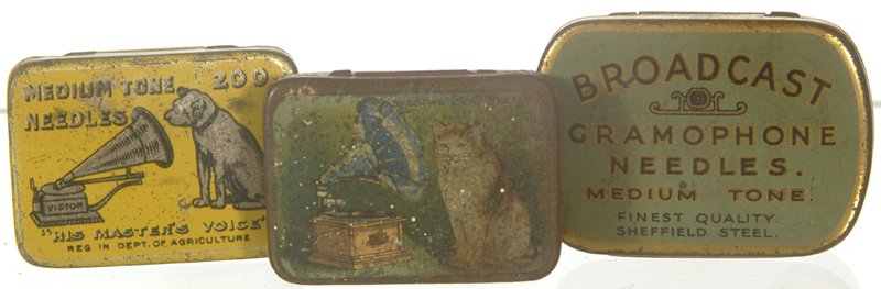 (3) ADVERTISING PHONOGRAPH NEEDLE TINS: (3) ADVERTISING PHONOGRAPH NEEDLE TINS INCLUDES: (1) RARE CAT LISTENING TO PHONOGRAPH (60% CONDITION); (1) YELLOW NIPPER; (1) BROADCAST