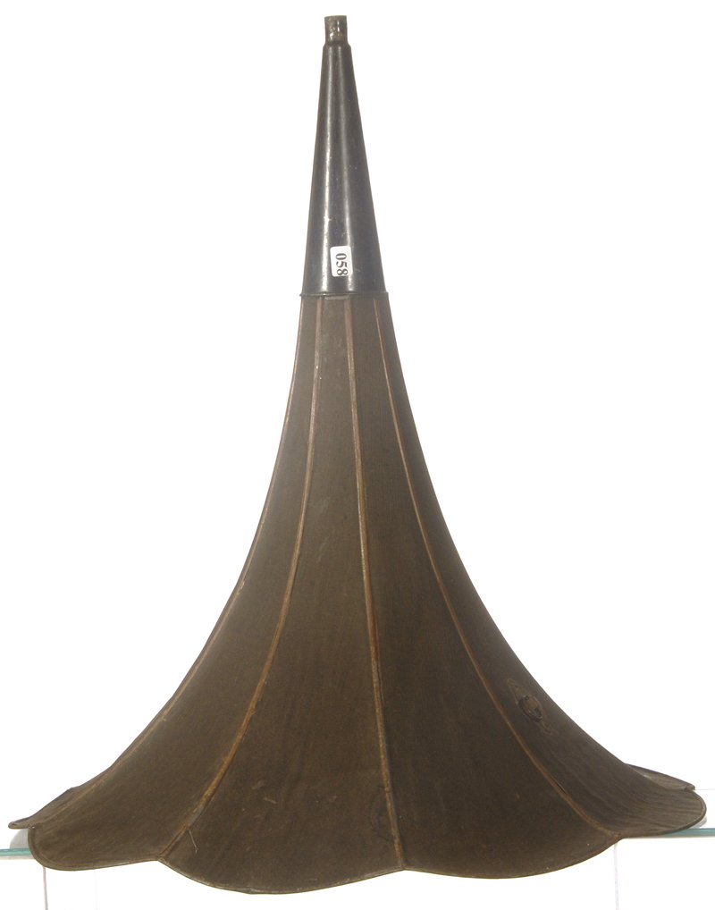 ORIGINAL 25" MORNING GLORY SHAPED PHONOGRAPH HORN W: ORIGINAL 25" MORNING GLORY SHAPED PHONOGRAPH HORN W/ PANELED FABRIC EXTERIOR 21" DIAMETER - NICE CONDITION!