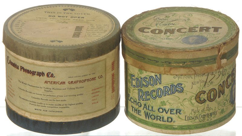 (2) ORIGINAL "CONCERT" SIZE EDISON & COLUMBIA PHONO: (2) ORIGINAL "CONCERT" SIZE EDISON & COLUMBIA PHONOGRAPH CYLINDER RECORDS ORIGINAL CASES - RECORD #'S ON CASES INDICATE: #538 COLUMBIA; #7506 EDISON