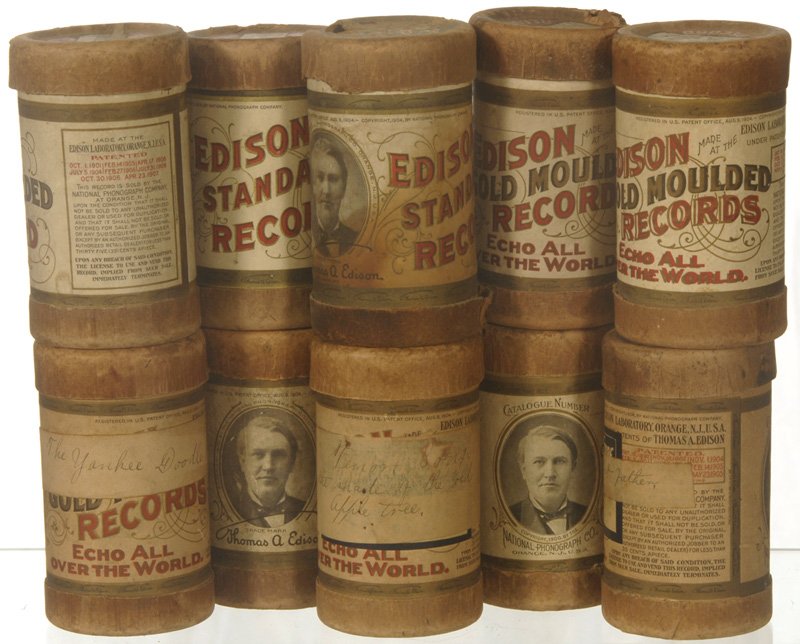 (10) ORIGINAL EDISON AMBEROL CYLINDER RECORDS IN CA: (10) ORIGINAL EDISON AMBEROL CYLINDER RECORDS IN CASES W/ LABELS INCLUDES: MANDY AND HER MAN; BAKE DAT CHICKEN PIE; EVERYBODY WORKS BUT FATHER; WHISTLING RUFUS (COON SONG); SILVER THREADS AMONG THE GO