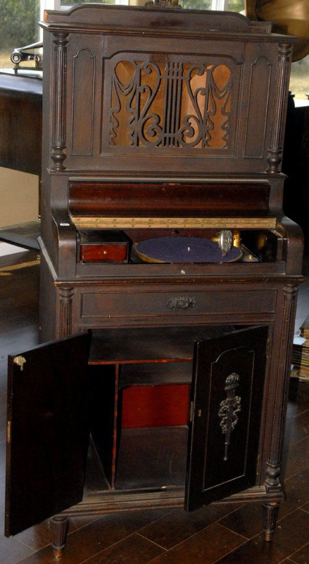 58" X 27" MAHOGANY "PREMIER" PHONOGRAPH FLOOR MODEL: 58" X 27" MAHOGANY "PREMIER" PHONOGRAPH FLOOR MODEL DISC RECORD PLAYER FANCY CASE IN NICE CONDITION