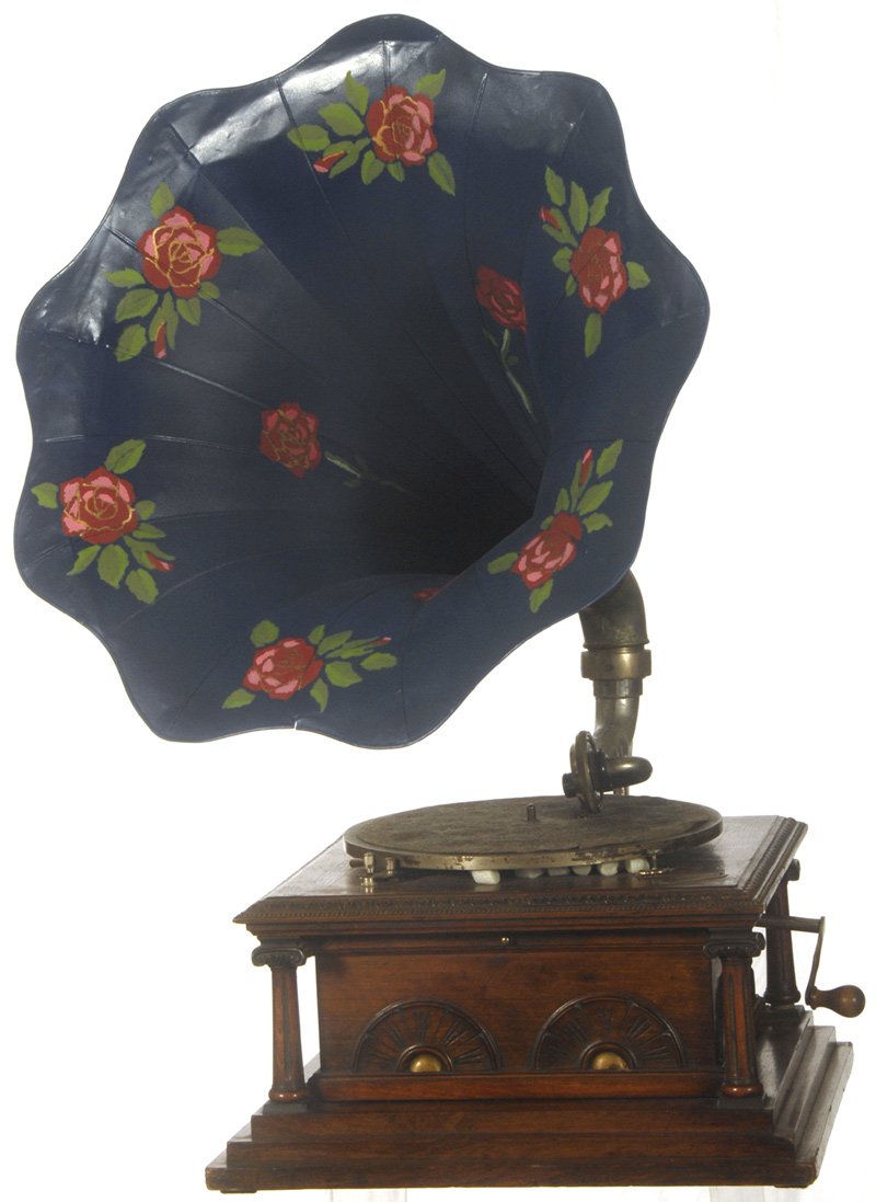 FINE 18" SWISS "PAILLARD" PHONOGRAPH DISC PLAYER: FINE 18" SWISS "PAILLARD" PHONOGRAPH DISC PLAYER DARK OAK CASE - REPAINTED BLUE HORN - NICE QUALITY - CIRCA 1910