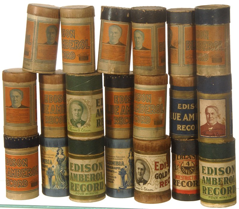 (20) ORIGINAL AMBEROL EDISON & COLUMBIA CYLINDER R: (20) ORIGINAL AMBEROL EDISON & COLUMBIA CYLINDER RECORDS IN CASES W/ LIDS INCLUDES: SHE WAS BRED IN OLD KENTUCKY; ROMANCE FROM L'ECLAIR; ORIENTAL STARS; FROM ME TO MANDY LEE; AMONG MY SOUVENIRS; WAITI
