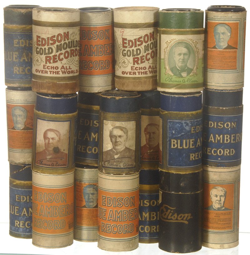 (20) ORIGINAL AMBEROL EDISON PHONOGRAPH CYLINDERS: (20) ORIGINAL AMBEROL EDISON PHONOGRAPH CYLINDERS IN CASES (NO LIDS) INCLUDES: SAILING DOWN THE CHESAPEAKE BAY; DWELLERS IN THE WESTERN WORLD; DIXIELAND MEMORIES; I MAY BE GONE FOR A LONG LONG TIME; O