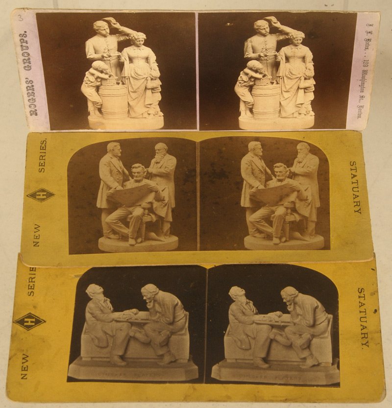OVER (20) JOHN ROGERS GROUP STEREO VIEW CARDS: OVER (20) JOHN ROGERS GROUP STEREO VIEW CARDS INCLUDES: "THE COUNCIL OF WAR"; CHECKER PLAYERS; TAKING THE OATH; "WEIGHING THE BABY"; SHARPSHOOTERS AND MORE