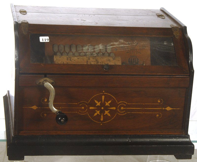 NICE! ORIGINAL 12 1/2" X 17" CONCERT ROLLER ORGAN: NICE! ORIGINAL 12 1/2" X 17" CONCERT ROLLER ORGAN WALNUT CASE W/ EBONY TRIM & GILT DESIGN HIGHLIGHTS - EXCELLENT SOUND & CONDITION - (17) COB ROLLERS IN GOOD CONDITION