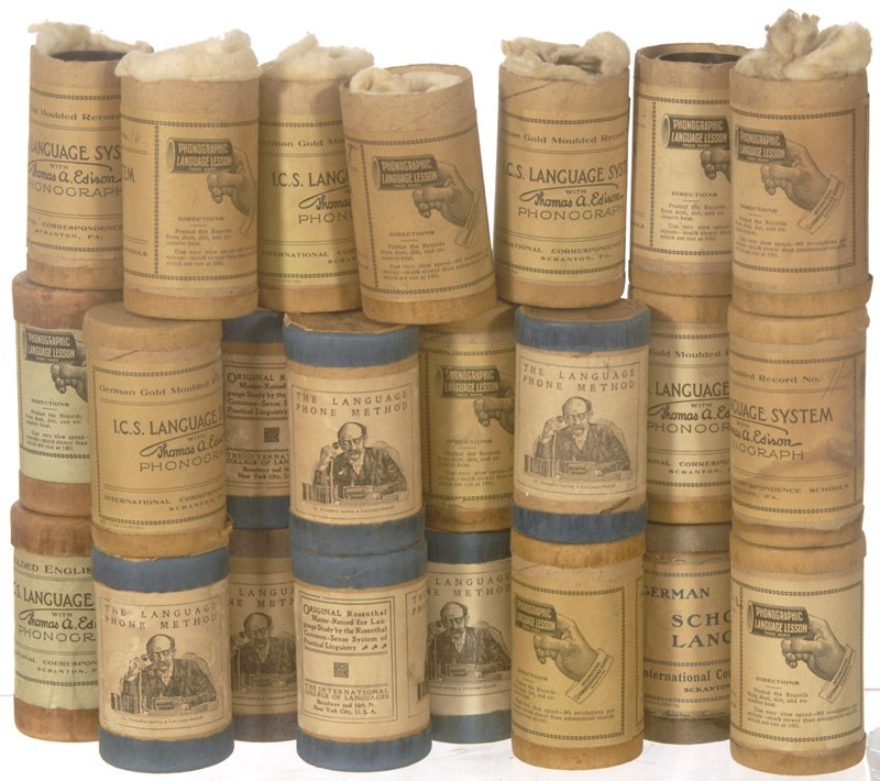 (23) ORIGINAL EDISON "ICS LANGUAGE SYSTEM" CYLINDE: (23) ORIGINAL EDISON "ICS LANGUAGE SYSTEM" CYLINDER PHONOGRAPH RECORD IN CASES LANGUAGES INCLUDE: ITALIAN; GERMAN & ENGLISH