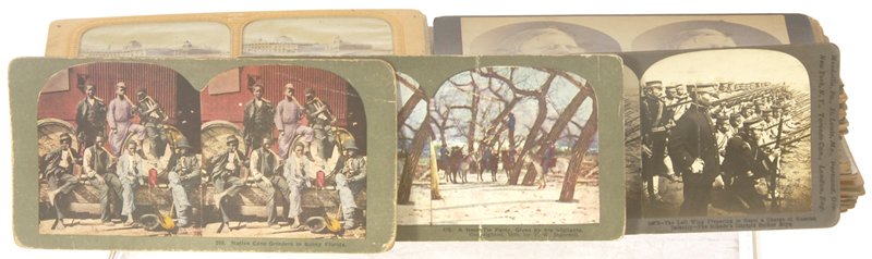 OVER (100) VINTAGE STEREO VIEW CARDS: OVER (100) VINTAGE STEREO VIEW CARDS INCLUDES: BLACK MEMORABILIA; "NECK TIE" PARTY; SOLDIER SCENES; TISSUE CARDS; AND MANY MORE!
