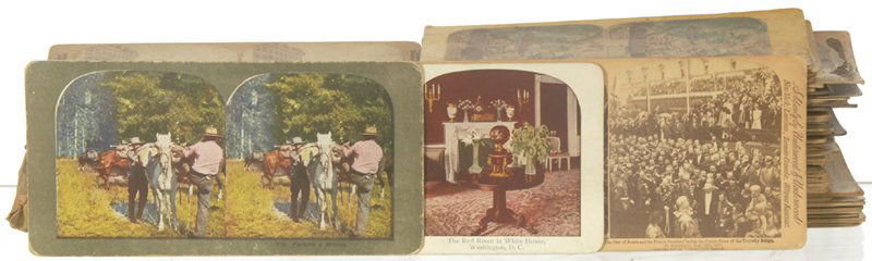 OVER (100) VINTAGE STEREO VIEW CARDS: OVER (100) VINTAGE STEREO VIEW CARDS INCLUDES: BATTLE SHIP; WHITE HOUSE RED ROOM FEATURING CUT GLASS VASE ON TABLE; SCENIC; AND MANY MORE....